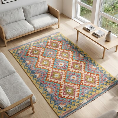 Tapis d'orient, motif géométrique authentique, tissé en laine, KILIM 6 UN AMOUR DE TAPIS