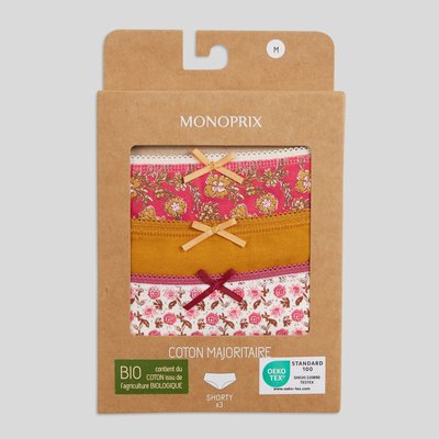 Lot de 3 shorties GARANCE en coton BIO imprimé, certifié OEKO-TEX MONOPRIX