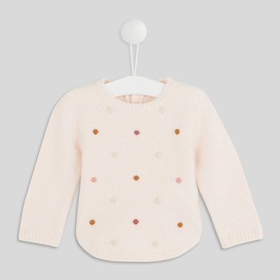 Pull manches longues col rond uni avec pompons brodés, certifié OEKO-TEX BOUT'CHOU
