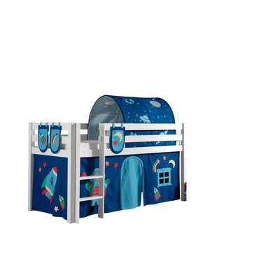 PINO Lit sureleve pin massif avec sommier + rideau et tunnel de lit + 3 pochettes space VIPACK