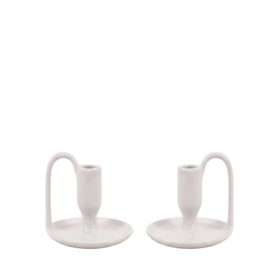 Lot de 2 bougeoirs blanc en céramique avec anse 11cm ORNAMI
