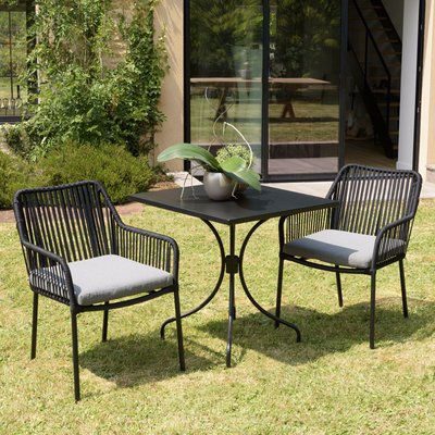 Salon de jardin 1 table carrée métal noir 70x70 cm - 2 fauteuils cordage noir 1 coussin gris GIJON PIER IMPORT