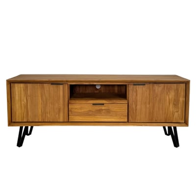 Meuble TV 155cm teck massif naturel pieds épingle style exotique contemporain BOMBAY PIER IMPORT