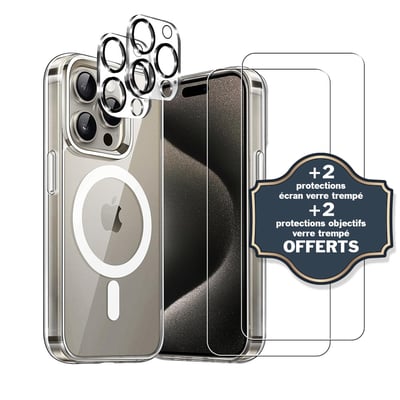 Coque Anti-choc compatible Magsafe pour iPhone 15 Pro Transparente + 2 protections écran et 2 protections objectif caméra EVETANE