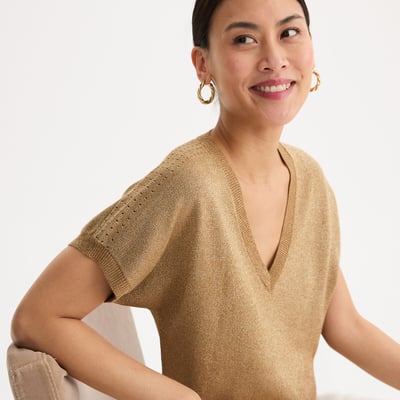 Camisola de manga curta com decote em V em malha fina iridescente ANNE WEYBURN