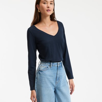 T-shirt en coton bio, col V, manches longues LA REDOUTE COLLECTIONS