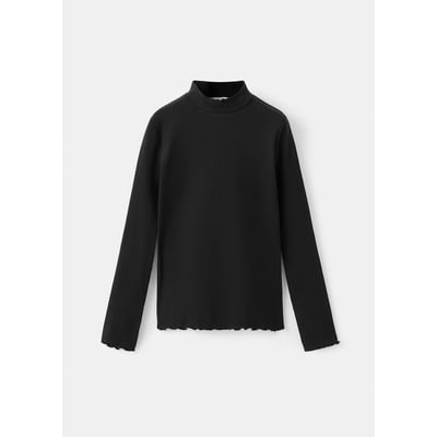 T-shirt Manches Longues Fille - Col Rond, Coupe Loose, Couleur Unie, Noir