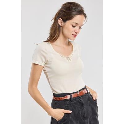 T-shirt col dentelle en laine et soie ARMOR-LUX