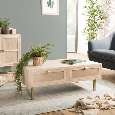 Table basse rectangulaire 110x60cm avec tiroirs en toile de jute style contemporain CORDOUE PIER IMPORT
