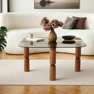 Table basse carrée en verre fumé - pieds bois marron sculpté BOMA PIER IMPORT