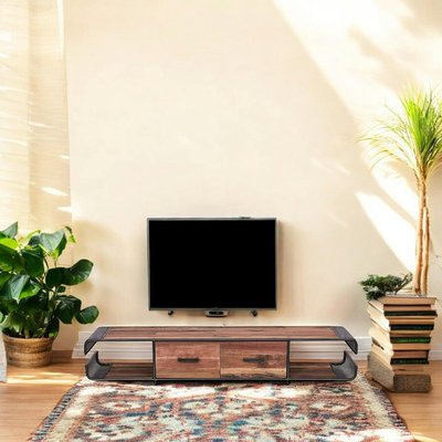 Meuble TV 200cm bois recyclé et métal 2 tiroirs 2 niches style industriel DRAKKAR PIER IMPORT
