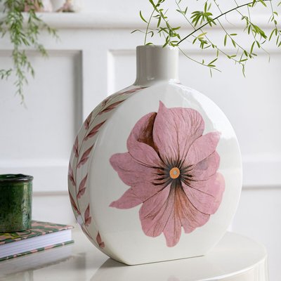 Medium Oriental Floral Round Vase in White/Pink ROCKETT ST GEORGE