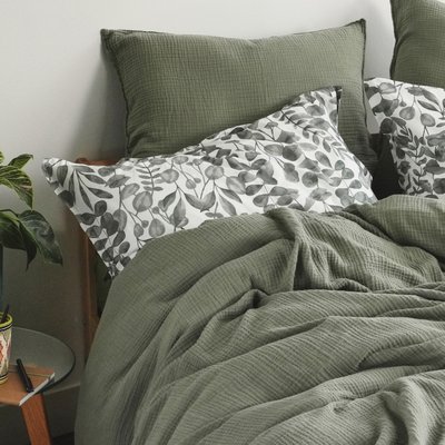 Taie d'oreiller en percale de coton lavé, HERBIER DÉLICAT BLANC CERISE