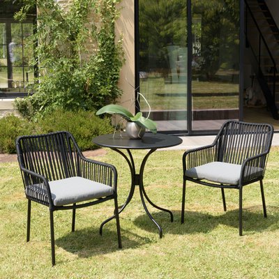 Salon de jardin 1 table ronde métal noir D70 cm - 2 fauteuils cordage noir 1 coussin gris GIJON PIER IMPORT