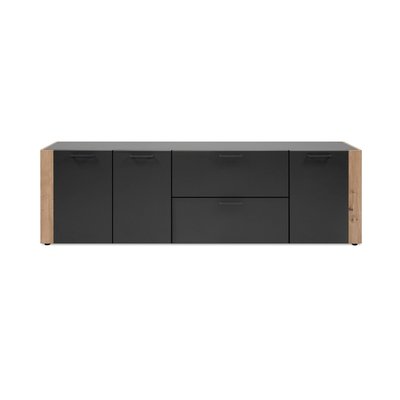 Long meuble TV gris foncé 3 portes 2 tiroirs ALVA PIER IMPORT