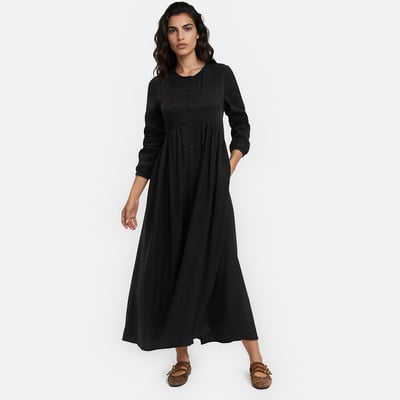 Robe longue fluide et évasée, col rond et manches longues LA REDOUTE COLLECTIONS