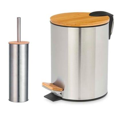 Poubelle salle de bain en métal chromé et bambou + brosse WC WADIGA