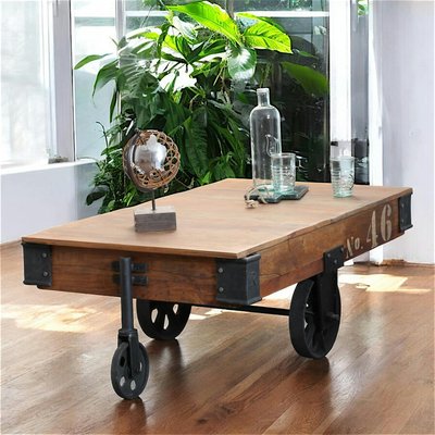 Table basse à roulettes style industriel bois recyclé et métal vintage 120x70cm LEEDS PIER IMPORT