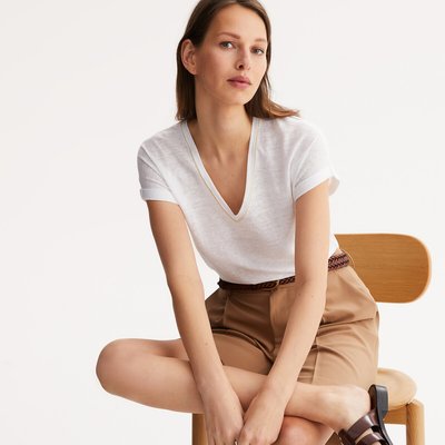 Camiseta de lino con cuello de pico y manga corta ANNE WEYBURN