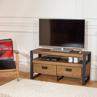 Meuble tv en pin et métal 2 tiroirs JACK ROBIN DES BOIS