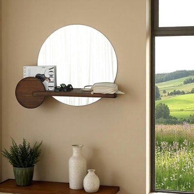 Miroir d'entrée rond avec étagère en bois brun HILO PIER IMPORT
