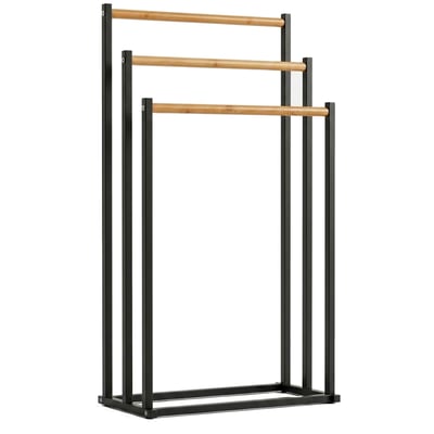 Porte-serviettes sur pied en métal noir et bambou 3 Bras 45x23x85cm WADIGA