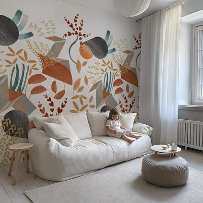Papier peint design et contemporain avec formes géométriques et plantes grimpantes - 425x260 cm (l x h) LA TOUCHE ORIGINALE