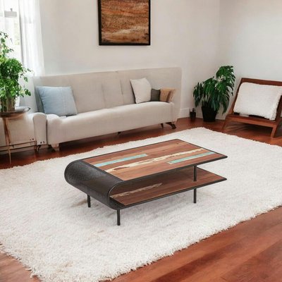 Table basse ouverte style industriel bois recyclé et métal double plateau 120x69cm DRAKKAR PIER IMPORT