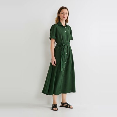 Robe midi ceinturée unie en lin MONOPRIX