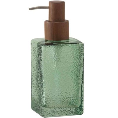 Distributeur de savon en verre martelé vert et bois 7.5x7.5x18.5cm WADIGA
