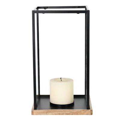Photophore métal socle en bois 40x22 cm KANDAVA BLACK SENSEI MAISON
