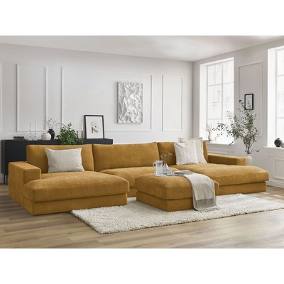 Canapé panoramique fixe 5 places en tissu texturé avec pouf, LEONARD BOBOCHIC
