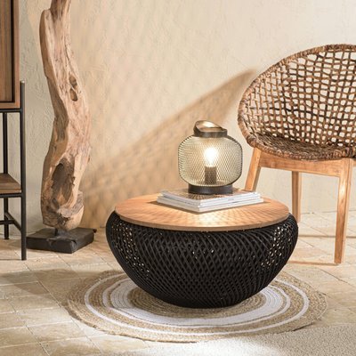 Table basse coffre ronde rotin noir et teck recyclé 66 cm SWING PIER IMPORT