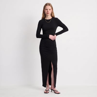 Robe femme longue fendue fronces col rond ARISSE ARTLOVE