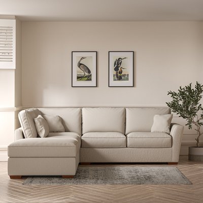 Florence Textured Woven Corner Sofa & Modular Footstool Set with Dark Brown Wood Legs (Left Facing) SO'HOME