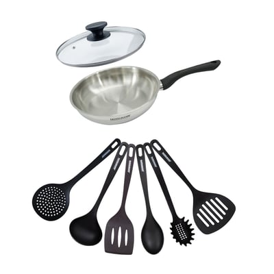 Set poêle 24 cm en inox, couvercle verre et 6 ustensiles GENEVA FACKELMANN