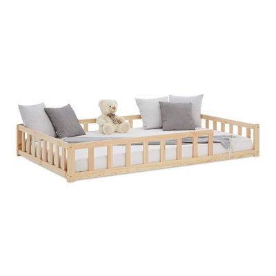 Lit Montessori 140x200 cm en bois naturel avec matelas et barrières HOMESTYLE4U