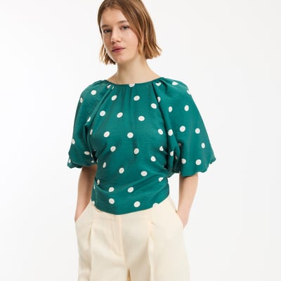 Blouse NIFE B60 Pour Femme – En Polyester, Manches Longues, à Pois Bleu Ou écru, Neuve Avec étiquettes