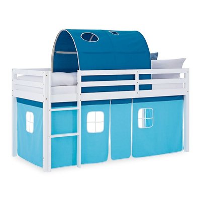 Lit mi-hauteur 90x200 cm pin rideau tunnel bleu HOMESTYLE4U