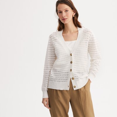 V-Neck Cardigan in Pointelle Knit, Majority Linen ANNE WEYBURN