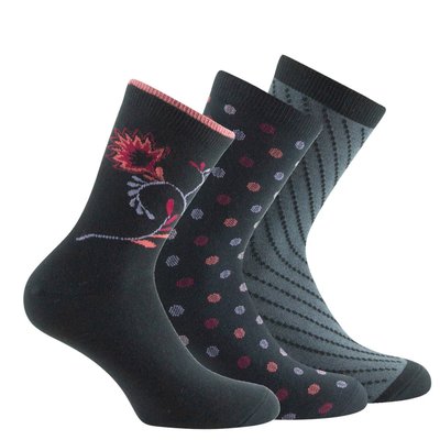 Pack de 3 mi-chaussettes jersey fantaisie Fleurs, Pois et Fantaisie de mailles Coton majoritaire KINDY