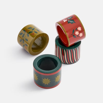 Lot de 4 ronds de serviette, en bois de manguier, imprimé festif, NOELIE LA REDOUTE INTERIEURS