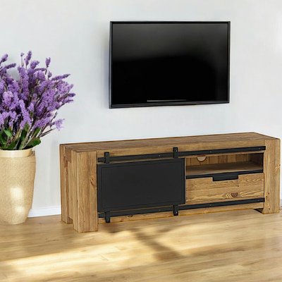 Meuble TV 148cm pin massif brossé naturel style campagne porte noire coulissante SOHO PIER IMPORT