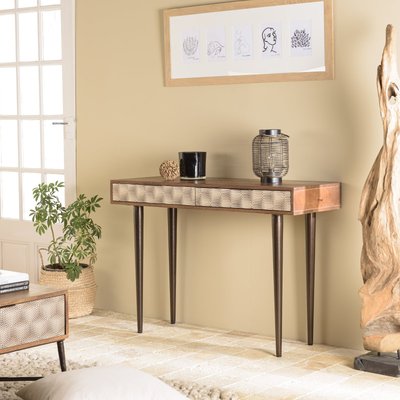 Console contemporaine bois exotique pieds métal 2 tiroirs effet graphique KANHA PIER IMPORT