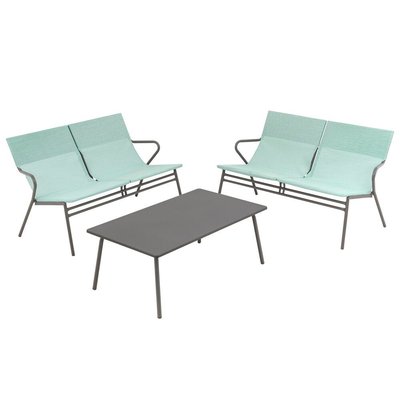 Salon Bas de Jardin - 1 Table Basse Rectangle Et 2 Banquettes - Vence - Batyline® Duo - Bleu Mistral Blue - B045774 LAFUMA MOBILIER
