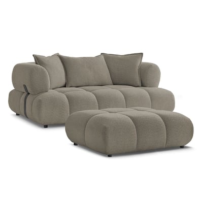 Canapé droit fixe 2 places en tissu bouclette avec pouf, ALYA BOBOCHIC