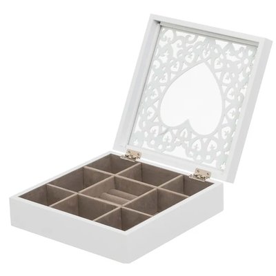 Coffret à bijoux en bois blanc taillé et verre coeur 23x23x7cm WADIGA