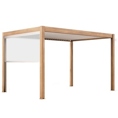 Pergola bioclimatique autoportée 4x3m motorisée/éclairée effet bois toit gris en aluminium avec 1, 2 ou 3 stores, KAVALA OVIALA