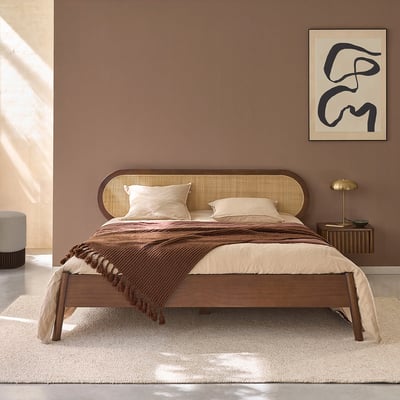 Lit en bois de mindi et cannage finition noyer 180 cm avec sommier  LILA BERAH GETAH