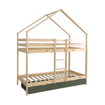 Lit enfant superposé cabane 90 x 190 cm pin naturel avec tiroirs de rangement ROYA SWEEEK
